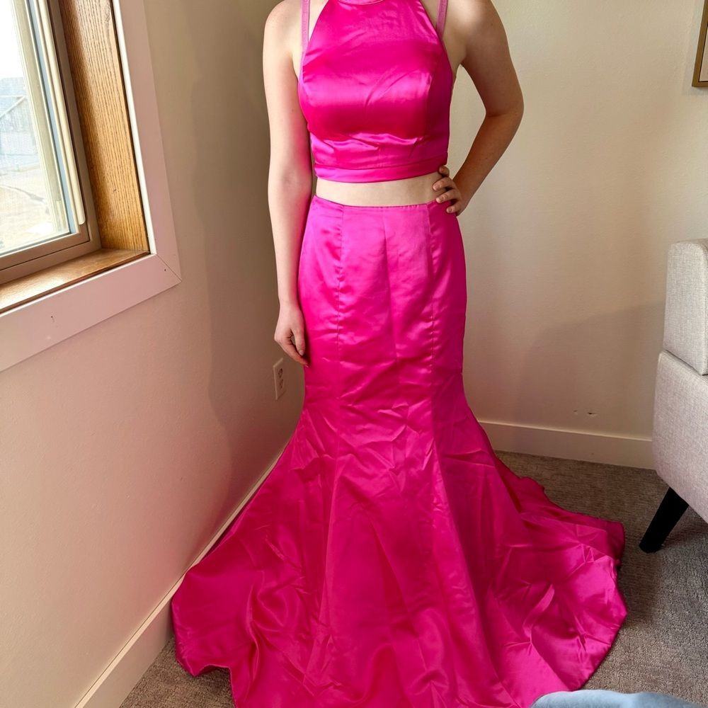 1019 Size 8 Sherri Hill 2 piece hot pink halter mermaid gown mesh panels train